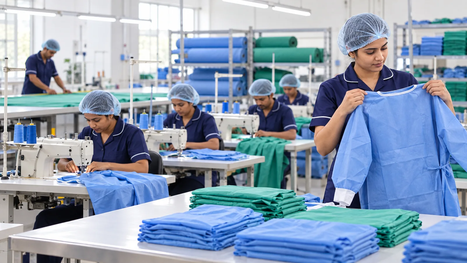 CareIndia World healthcare manufacturing team producing hospital garments